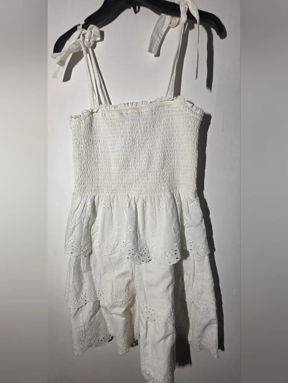 American Eagle Outfitters White Smocked Tiered Eyelet Midi Skirt